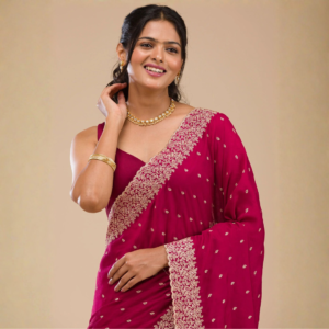 Maroon Zari Embroidered Festive Saree with Gold Border – Elegant Occasion Wear