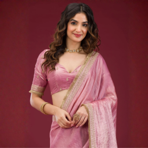 Onion Pink Threadwork Tissue Saree