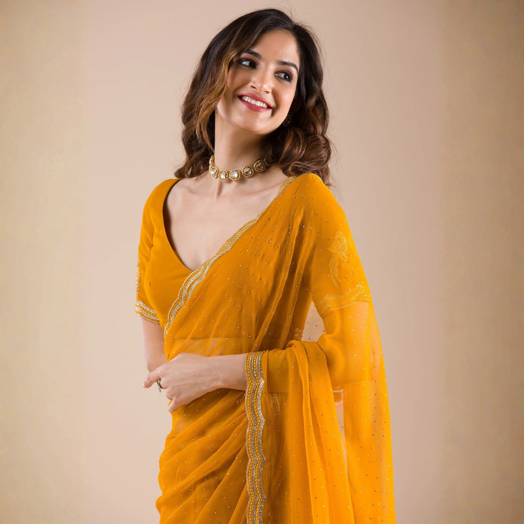 mustard-stonework-chiffon-saree