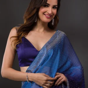 Ombre Navy Blue Stonework Satin Designer Saree