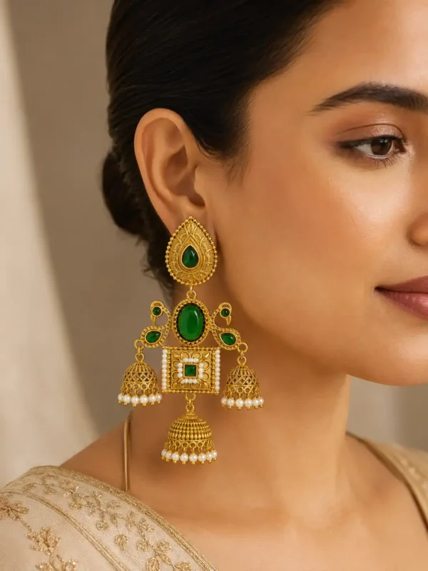 Mayura Shalimar Green Peacock Jhumka Earrings detail 2